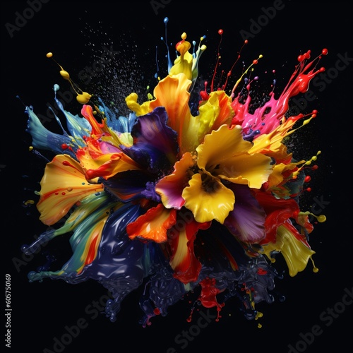 Colorful paint splash forming into shape of flower bouquet