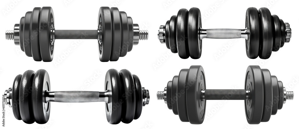 Set of black rubber metal dumbbells, cut out. Based on Generative AI Set of black rubber metal dumbbells, cut out. Based on Generative AI