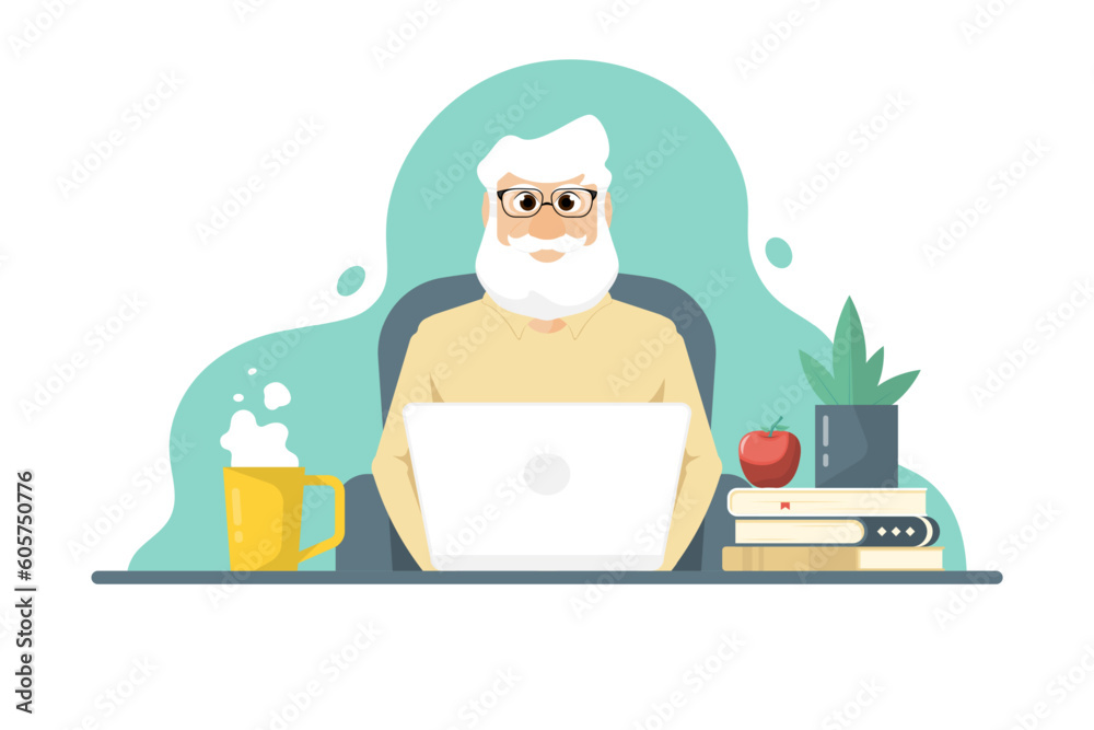 Smart human senior typing laptop over sofa chair on isolated background, Vector illustration. Smart human senior typing laptop over sofa chair on isolated background, Vector illustration.