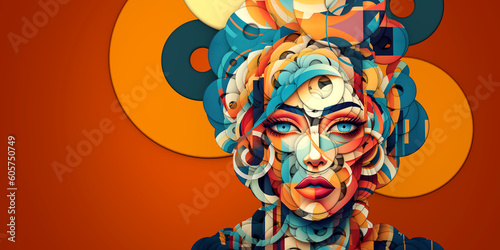 abstract cubist portrait of a surreal woman made of of simple overlapping 3d shapes  colored cylinders and rings in front of an orange background  3d rendering combined with generative ai