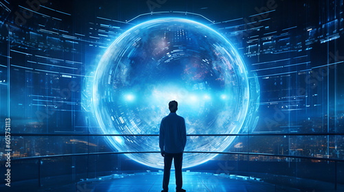 A scientist Standing in front of a giant Futuristic Globe like structure, blue color theme - Generative AI