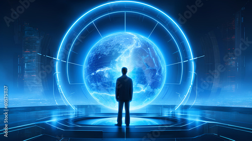 A man Standing in front of a futuristic technology Earth, blue color theme - Generative AI