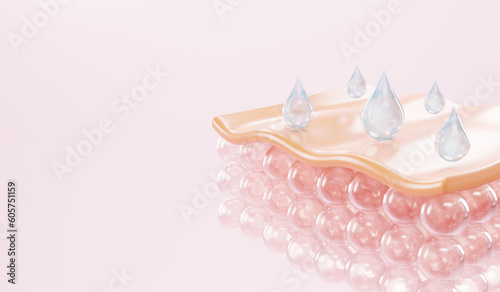 Fototapeta Naklejka Na Ścianę i Meble -  serum and vitamin drop on skin cell.
serum through the skin layer and reduce up saggy skin of the skin cell. 3d rendering.  