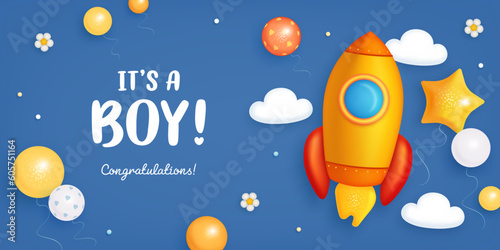 Baby shower horizontal banner, invitation or greeting card with cartoon rocket, helium balloons and clouds on blue background. It's a boy. Vector illustration