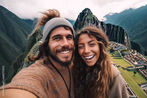  Attractive man and woman tourists of different races traveling on the street, recording a video blog on a smartphone during vacation.