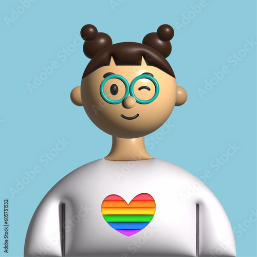 Girl with glasses and white T-shirt with LGBT symbol in 3D vector. Vector illustration. 