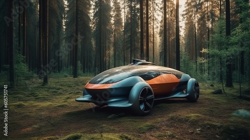 Futuristic drone car flies into the forest among the trees. Generative Ai © imagemir