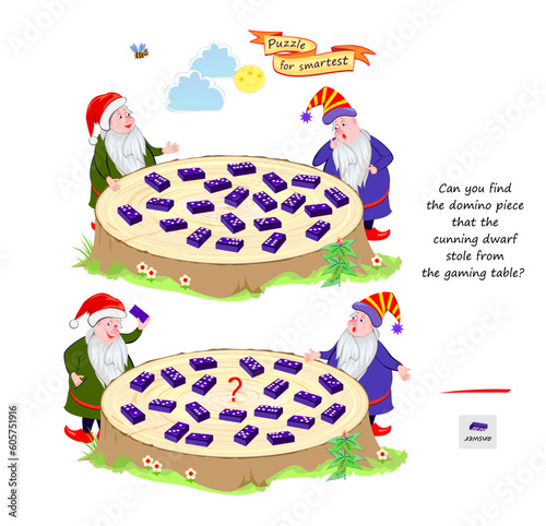 Logic puzzle for children and adults. Can you find the domino piece that the cunning dwarf stole from the gaming table? Educational game. Printable page for kids brain teaser book. Cartoon vector.
