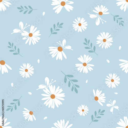 Seamless pattern with daisies  branches and butterfly cartoon on blue background vector illustration.