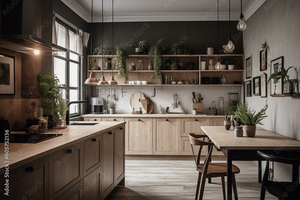 A Scandinavian-style kitchen in a mock poster. Generative AI
