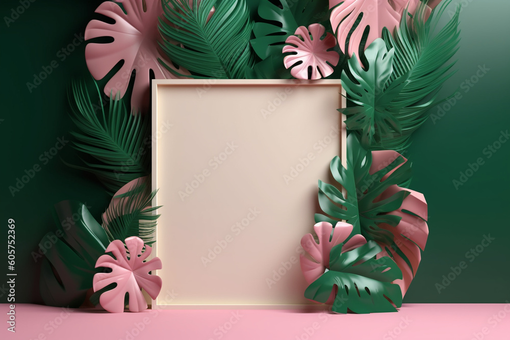 Illustration of Green Leafy Display with Pink Elements and Copy Space in Middle. Generative ai Illustration of Green Leafy Display with Pink Elements and Copy Space in Middle. Generative ai