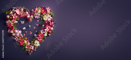 A heart made of flowers with a purple background