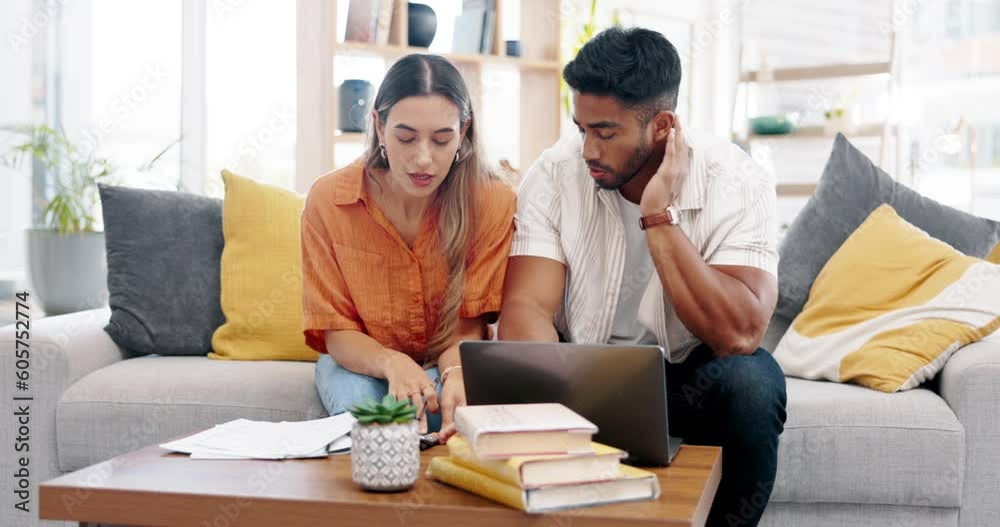Young couple, finance and stress of debt in home for budget, insurance planning and mortgage bills. Frustrated man, woman and bankruptcy of financial crisis, poor savings policy and inflation problem