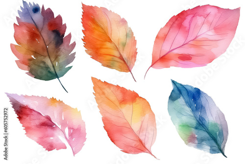 Watercolor floral illustration set - colorful leaf branches collection, AI Generative AI © yurakrasil