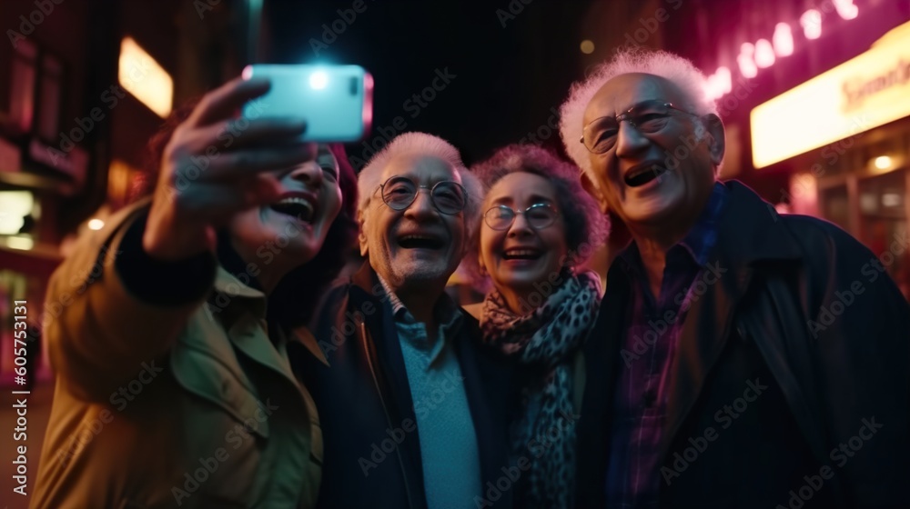 Generative ai , group of friends enjoying a city tour at night sightseeing and doing a selfi