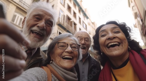 Generative ai, group of senior friends enjoying a visit to a city sightseeing tour