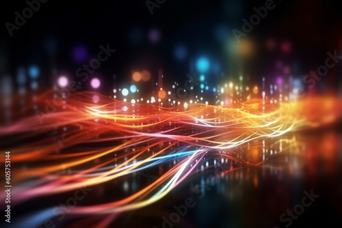 abstract futuristic background with glowing neon moving high speed wave lines and bokeh lights. Data transfer concept Fantastic wallpaper. Generative AI