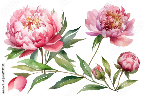 Peonies on white isolated background. Watercolour floral illustration set, AI Generative AI