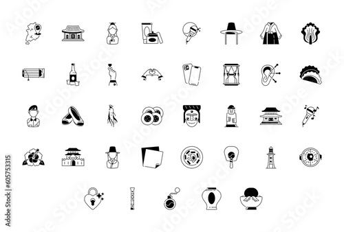 South Korea Sign Black Thin Icon Set Include of Palace, Ginseng and Korean Flower. Vector illustration of Icons
