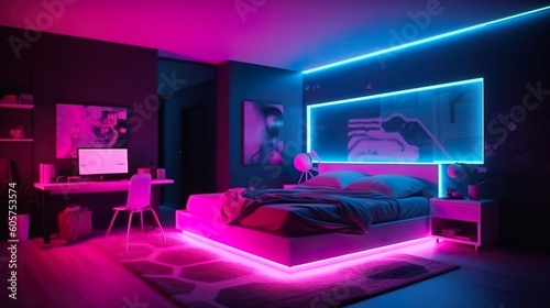 Generative AI, modern room with advanced technology and neon lights.
