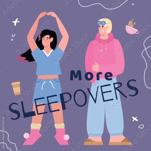 Sleepover or pajama party invitation or card mockup flat vector illustration.
