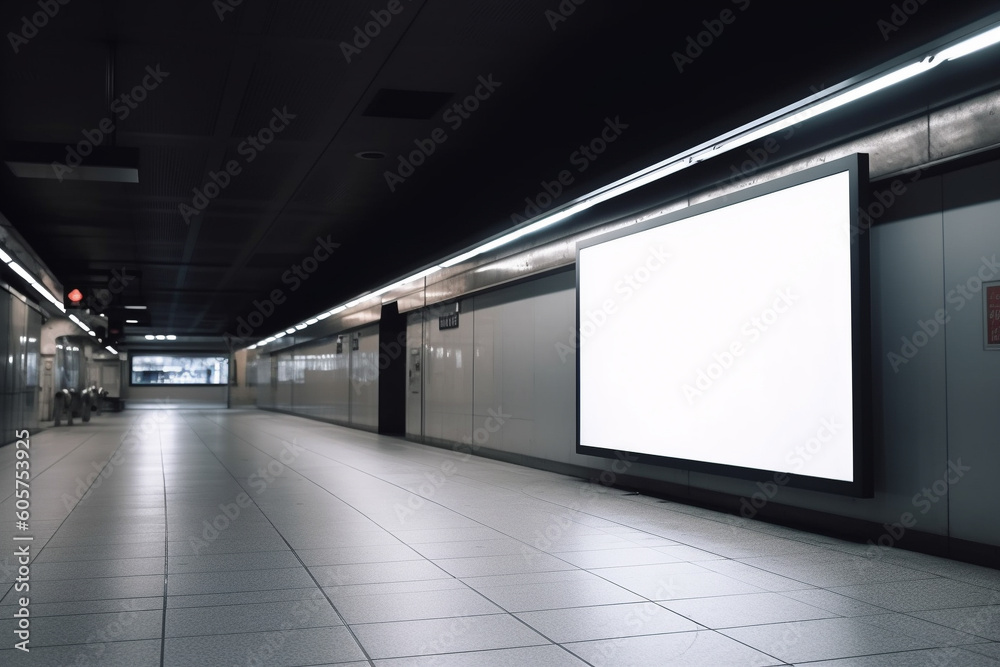 Empty white chalkboard in train station. Generative AI image