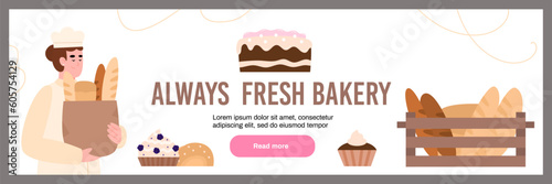 Bakery advertising web banner template, flat vector illustration.