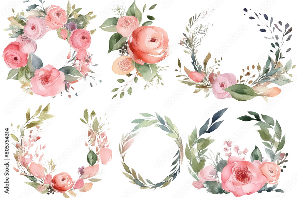 set Circle frame, wreath of pink flowers and branches with green leaves, AI Generative AI