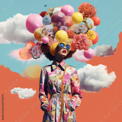 Digital collage style with woman with flowers and balloons in the sky. Generative AI art
