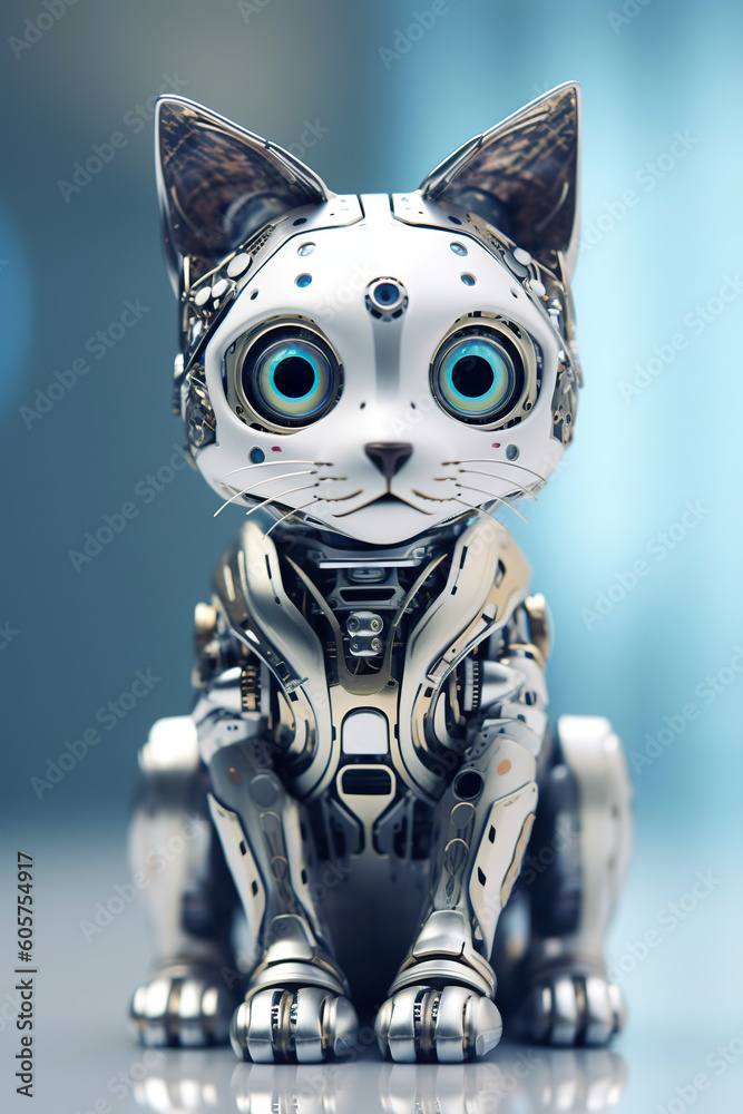 A robot cat figurine sitting on a table. Generative AI.