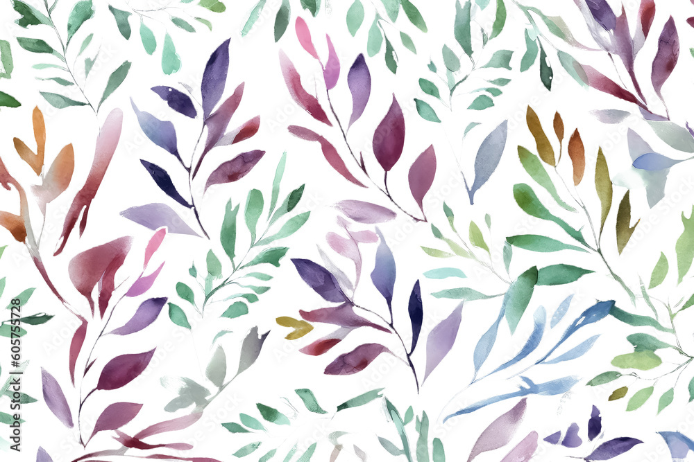 repeat pattern of green watercolor leaves on white background, AI Generative AI repeat pattern of green watercolor leaves on white background, AI Generative AI