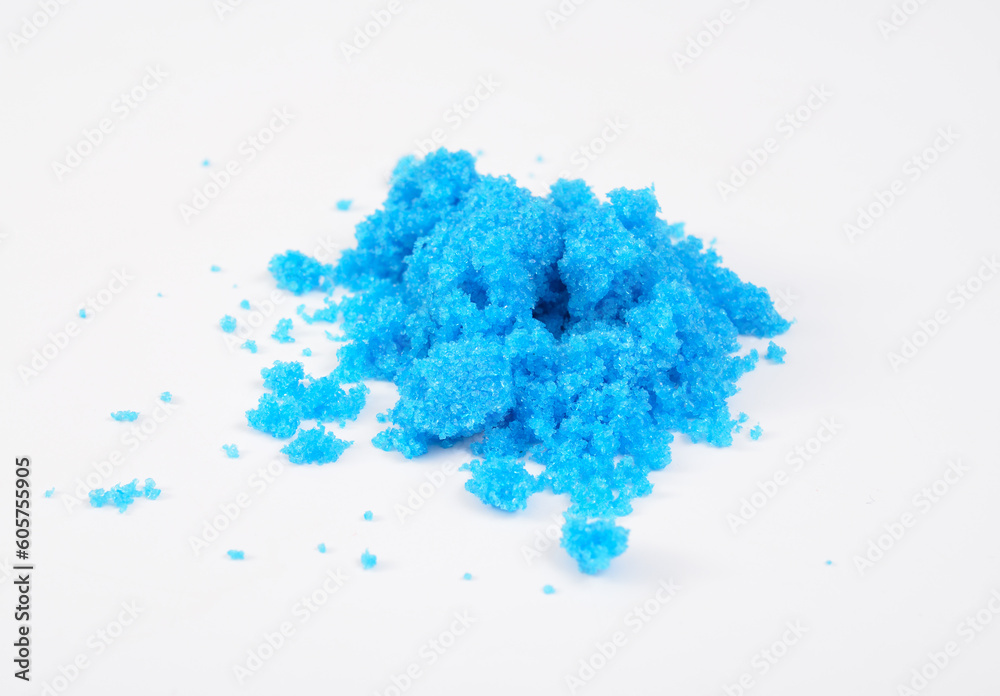 Copper II sulfate, also known as blue vitriol, bluestone, vitriol of copper, and Roman vitriol. On white background.