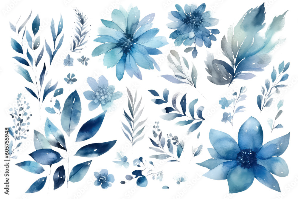 pattern with spring blue flowers and leaves. floral pattern for wallpaper or fabric. AI Generative AI