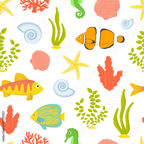 Vector seamless pattern. Underwater world in cartoon style. Summer, sea, fish, shells, algae.