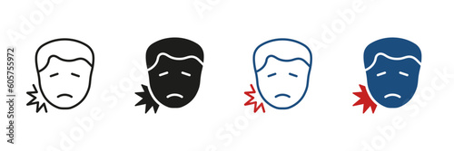 Teeth Ache Problem, Patient Male with Dental Pain Symbol. Human Oral Disease, Dentist's Treatment Pictogram Collection. Man with Toothache Silhouette and Line Icon Set. Isolated Vector Illustration