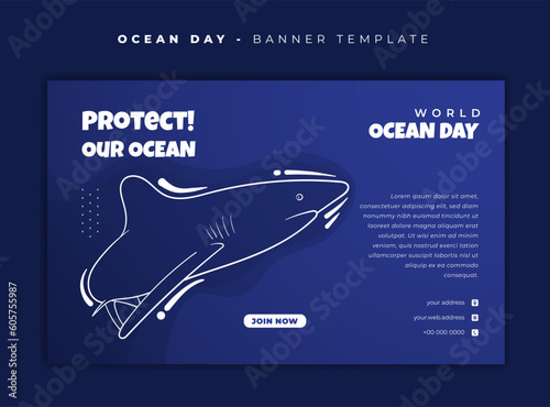 Banner template design with white line art of shark for world ocean day design
