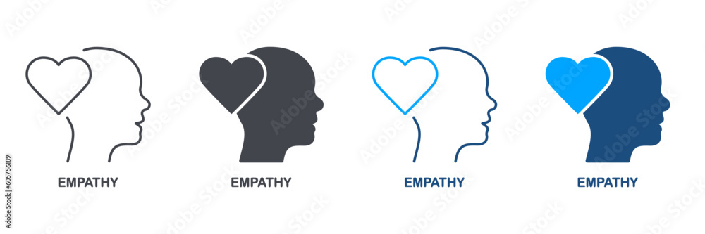 Empathy, Sympathy, Passion Feeling Silhouette and Line Icon Set. Heart Shape and Human Head Pictogram. Intellectual Process, Kindness, Inspiration Symbol Collection. Isolated Vector Illustration