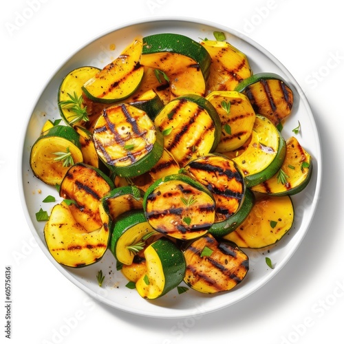 Plate of Grilled Summer Squash on a White Background Generative AI