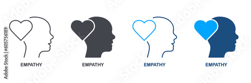 Fototapeta Naklejka Na Ścianę i Meble -  Empathy, Sympathy, Passion Feeling Silhouette and Line Icon Set. Heart Shape and Human Head Pictogram. Intellectual Process, Kindness, Inspiration Symbol Collection. Isolated Vector Illustration