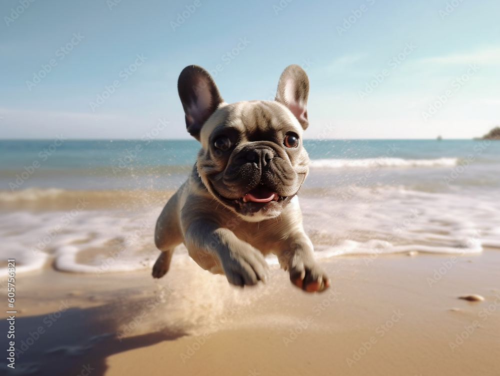 Happy french bulldog running on the beach
