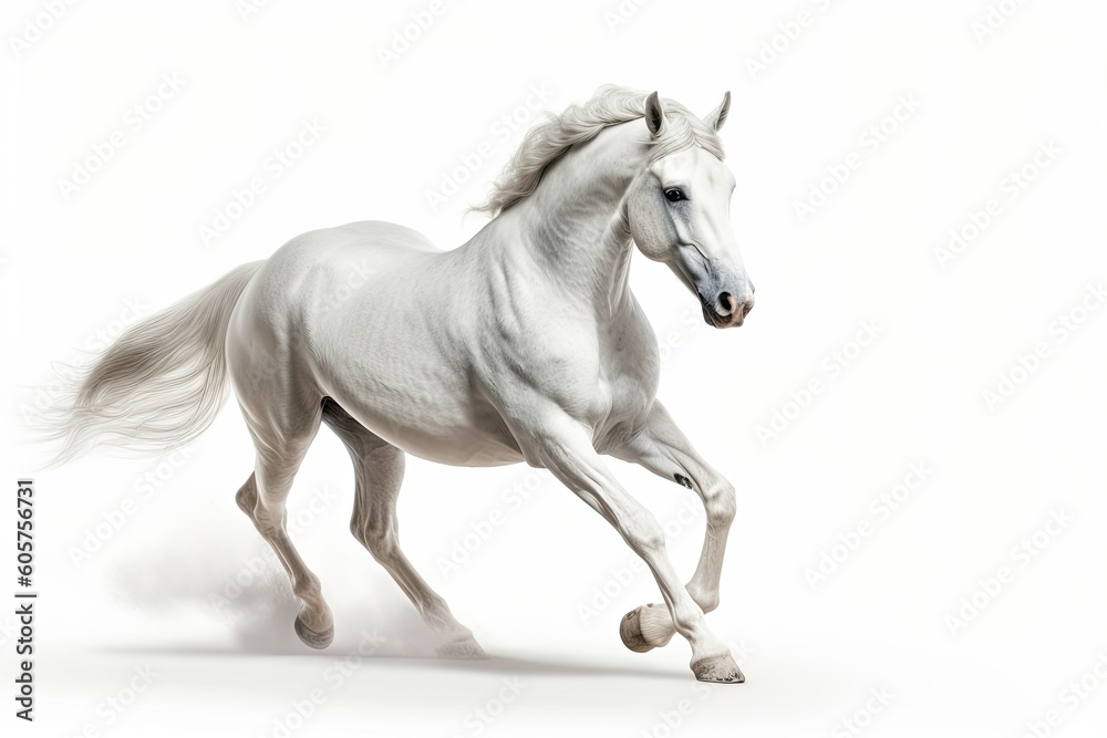 White horse of Andalusian breed galloping isolated on white background. Generative AI White horse of Andalusian breed galloping isolated on white background. Generative AI