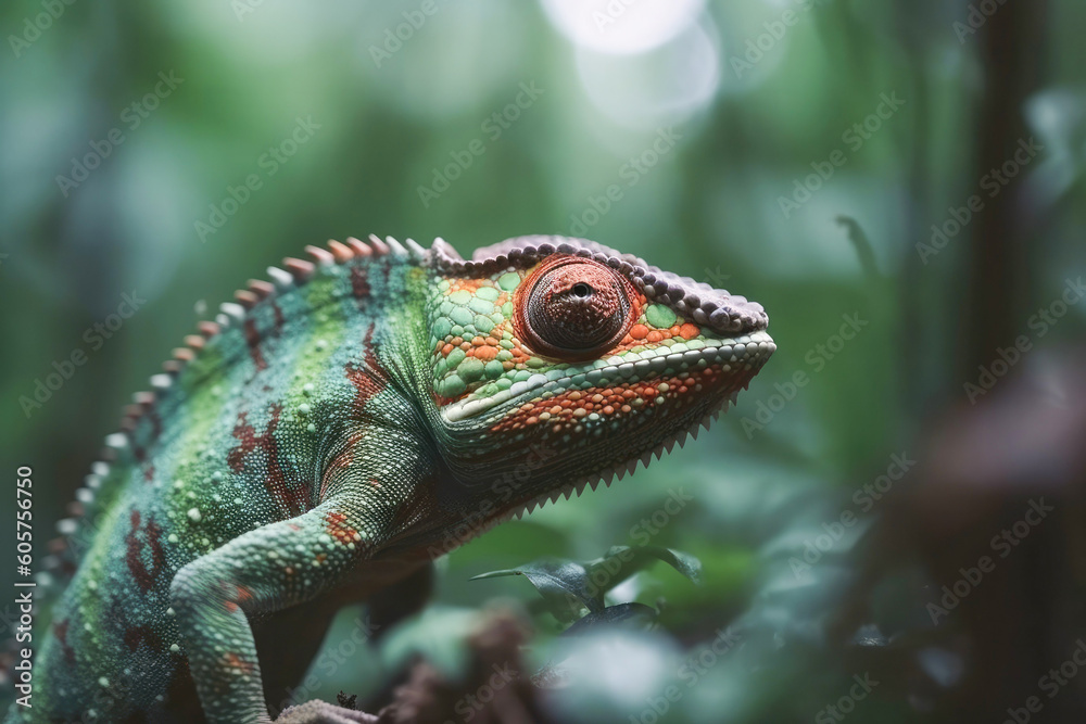 Fototapeta premium Close-up portrait of a chameleon against of wildlife background. Generative AI