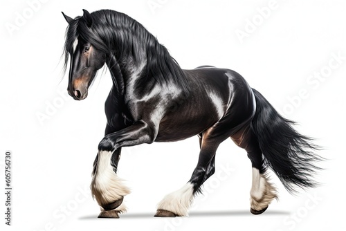 Black horse of Friesian breed isolated on white background. Generative AI