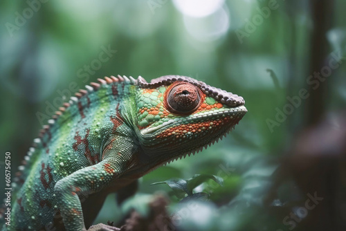 Close-up portrait of a chameleon against of wildlife background. Generative AI