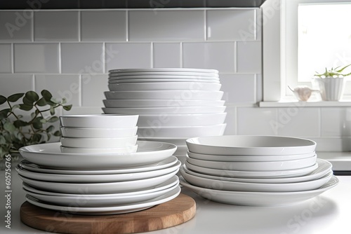 Stack of white ceramic plates in home white kitchen. Generative AI