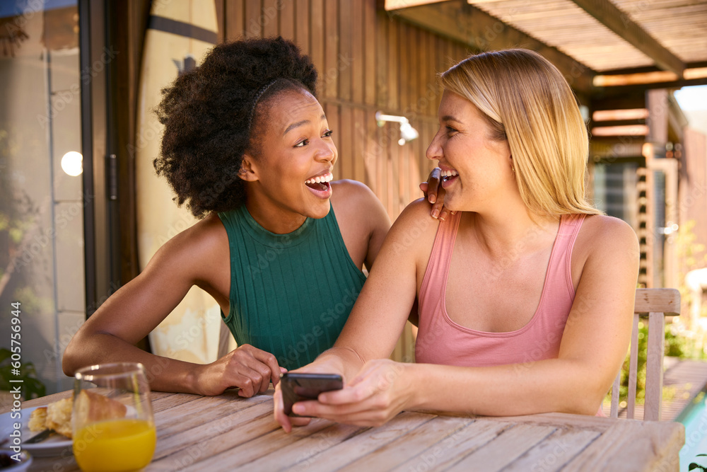 Two Smiling Multi-Cultural Female Friends Outdoors At Home Looking At Mobile Phone Two Smiling Multi-Cultural Female Friends Outdoors At Home Looking At Mobile Phone