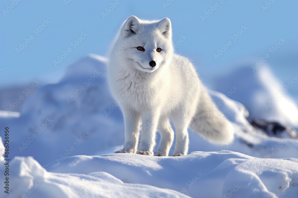 Arctic Fox in Winter Wonderland: Enchanting Image of a Fox Thriving in a Snowy Island Habitat Arctic Fox in Winter Wonderland: Enchanting Image of a Fox Thriving in a Snowy Island Habitat