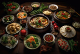 Assorted Chinese food set. Chinese noodles, fried rice, dumplings, peking duck, dim sum, spring rolls. Famous Chinese cuisine dishes on table. Top view. Chinese restaurant concept. (ai generated)