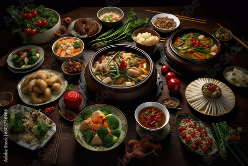 Assorted Chinese food set. Chinese noodles, fried rice, dumplings, peking duck, dim sum, spring rolls. Famous Chinese cuisine dishes on table. Top view. Chinese restaurant concept. (ai generated) photo