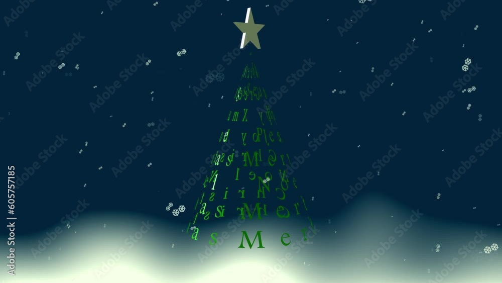Green Christmas tree with stars appears with festive greetings snowflakes background animation 